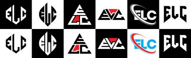 ELC harf logosu altı stili tasarlanmış. ELC çokgeni, çember, üçgen, altıgen, düz ve basit stil, siyah ve beyaz renk varyasyon harfi logosu bir sanat tahtasında. ELC minimalist ve klasik logo