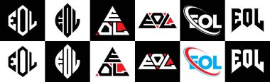 EOL harf logosu tasarımı altı stil. EOL çokgeni, çember, üçgen, altıgen, düz ve basit stil siyah ve beyaz renk varyasyon harfi logosu bir sanat tahtasında. EOL minimalist ve klasik logo