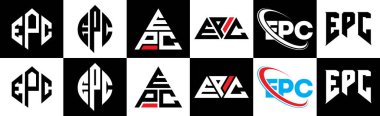 EPC harf logosu tasarımı altı stilde. EPC çokgeni, çember, üçgen, altıgen, düz ve basit stil, siyah ve beyaz renk varyasyon harfi logosu bir sanat tahtasında. EPC minimalist ve klasik logo