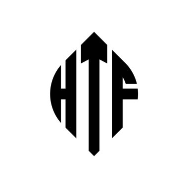 Çember ve elips şekilli HTF daire harf logosu tasarımı. Tipografik biçimli HTF elips harfleri. Üç baş harf daire şeklinde bir logo oluşturuyor. HTF Çember Amblemi Soyut Monogram Harf İşaretleyici Vektörü.