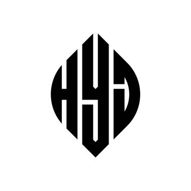 Çember ve elips şekilli HYJ daire harf logosu tasarımı. Tipografik şekilli HYJ elips harfleri. Üç baş harf daire şeklinde bir logo oluşturuyor. HYJ Çember Amblemi Soyut Monogram Harf İşaretleyici Vektörü.
