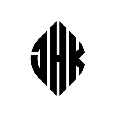Çember ve elips şekilli JHK daire harf logosu tasarımı. Tipografik biçimli JHK elips harfleri. Üç baş harf daire şeklinde bir logo oluşturuyor. JHK Çember Amblemi Soyut Monogram Harf İşaretleyici Vektörü.