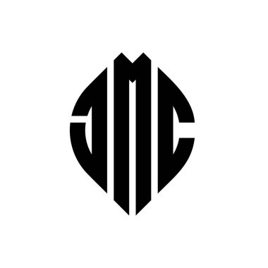 Dairesel ve elips şekilli JMC daire harf logosu tasarımı. Tipografik tarzda JMC elips harfleri. Üç baş harf daire şeklinde bir logo oluşturuyor. JMC Çember Amblemi Soyut Monogram Harf İşaretleyici Vektörü.