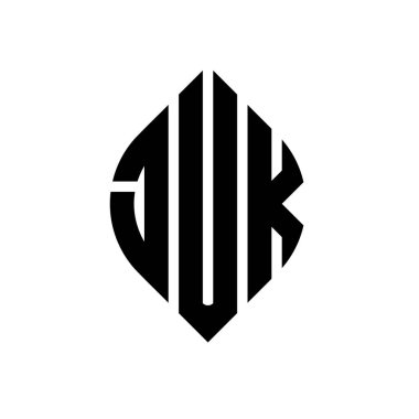 Daire ve elips şekilli JUK daire harf logosu tasarımı. Tipografik şekilli JUK elips harfleri. Üç baş harf daire şeklinde bir logo oluşturuyor. JUK Çember Amblemi Soyut Monogram Harf İşaretleyici Vektörü.