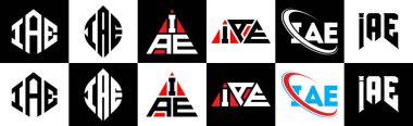 IAE letter logo design in six style. IAE polygon, circle, triangle, hexagon, flat and simple style with black and white color variation letter logo set in one artboard. IAE minimalist and classic logo