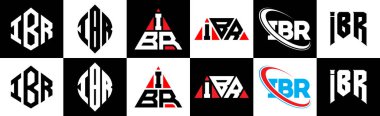 IBR letter logo design in six style. IBR polygon, circle, triangle, hexagon, flat and simple style with black and white color variation letter logo set in one artboard. IBR minimalist and classic logo