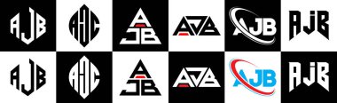 AJB letter logo design in six style. AJB polygon, circle, triangle, hexagon, flat and simple style with black and white color variation letter logo set in one artboard. AJB minimalist and classic logo