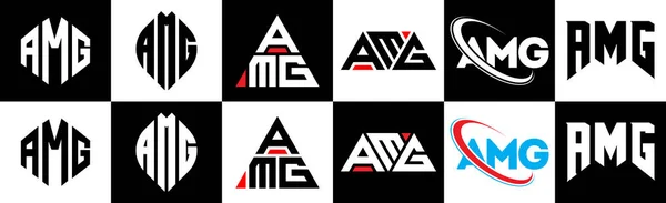 stock vector AMG letter logo design in six style. AMG polygon, circle, triangle, hexagon, flat and simple style with black and white color variation letter logo set in one artboard. AMG minimalist and classic logo