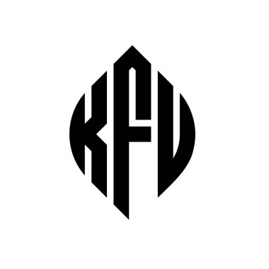 Çember ve elips şekilli KFU daire harf logosu tasarımı. Tipografik biçimli KFU elips harfleri. Üç baş harf daire şeklinde bir logo oluşturuyor. KFU Çember Amblemi Soyut Monogram Harf İşaretleyici Vektörü.