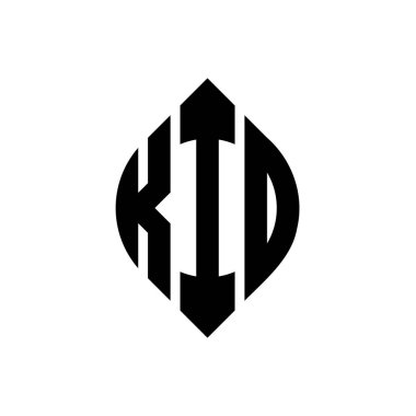 Çember ve elips şekilli KID daire harf logosu tasarımı. Tipografik biçimli çocuk elips harfleri. Üç baş harf daire şeklinde bir logo oluşturuyor. KID Çemberi Amblemi Soyut Monogram Harf İşaretleme Vektörü.