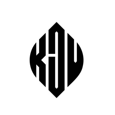 Çember ve elips şekilli KJV daire harf logosu tasarımı. Tipografik biçimli KJV elips harfleri. Üç baş harf daire şeklinde bir logo oluşturuyor. KJV Çember Amblemi Soyut Monogram Harf İşaretleyici Vektörü.