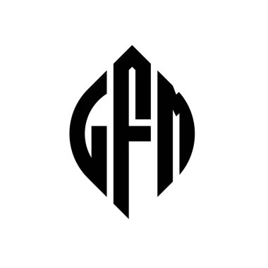Çember ve elips şekilli LFM daire harf logosu tasarımı. Tipografik biçimli LFM elips harfleri. Üç baş harf daire şeklinde bir logo oluşturuyor. LFM Çember Amblemi Soyut Monogram Harf İşaretleyici Vektörü.