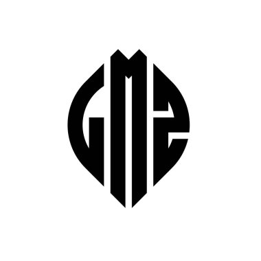 Çember ve elips şekilli LMZ daire harf logosu tasarımı. Tipografik biçimli LMZ elips harfleri. Üç baş harf daire şeklinde bir logo oluşturuyor. LMZ Çember Amblemi Soyut Monogram Harf İşaretleyici Vektörü.