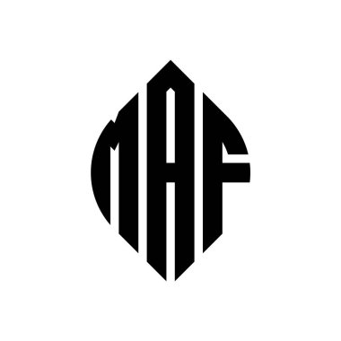 Çember ve elips şekilli MAF daire harf logosu tasarımı. Tipografik biçimli MAF elips harfleri. Üç baş harf daire şeklinde bir logo oluşturuyor. MAF Çemberi Amblemi Soyut Monogram Harf İşaretleyici Vektörü.