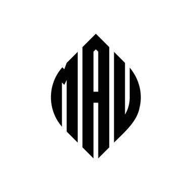 Çember ve elips şekilli MAU daire harf logosu tasarımı. Tipografik biçimli MAU elips harfleri. Üç baş harf daire şeklinde bir logo oluşturuyor. MAU Çember Amblemi Soyut Monogram Harf İşaretleyici Vektörü.