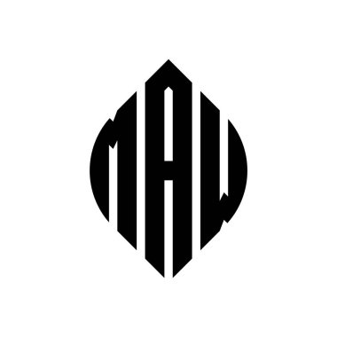 Çember ve elips şekilli MAW daire harf logosu tasarımı. Tipografik biçimli MAW elips harfleri. Üç baş harf daire şeklinde bir logo oluşturuyor. MAW Çemberi Amblemi Soyut Monogram Harf İşaretleme Vektörü.