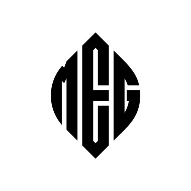 Çember ve elips şekilli MEG daire harf logosu tasarımı. Tipografik biçimli MEG elips harfleri. Üç baş harf daire şeklinde bir logo oluşturuyor. MEG Çember Amblemi Soyut Monogram Harf İşaretleyici Vektörü.