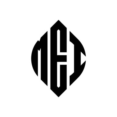 Çember ve elips şekilli MEI daire harf logosu tasarımı. Tipografik biçimli MEI elips harfleri. Üç baş harf daire şeklinde bir logo oluşturuyor. MEI Çember Amblemi Soyut Monogram Harf İşaretleme Vektörü.