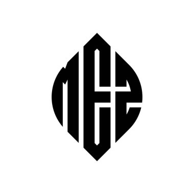 Çember ve elips şekilli MEZ daire harf logosu tasarımı. Tipografik biçimli MEZ elips harfleri. Üç baş harf daire şeklinde bir logo oluşturuyor. MEZ Çember Amblemi Soyut Monogram Harf İşaretleme Vektörü.