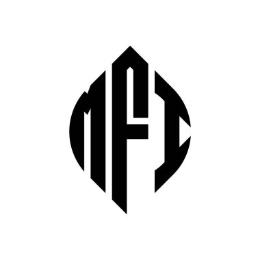 Çember ve elips şekilli MFI daire harf logosu tasarımı. Tipografik şekilli MFI elips harfleri. Üç baş harf daire şeklinde bir logo oluşturuyor. MFI Çember Amblemi Soyut Monogram Harf İşaretleyici Vektörü.