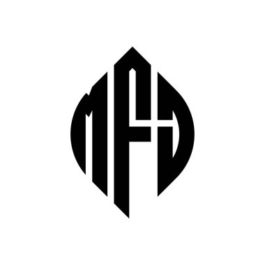 Çember ve elips şekilli MFJ daire harf logosu tasarımı. Tipografik tarzda MFJ elips harfleri. Üç baş harf daire şeklinde bir logo oluşturuyor. MFJ Çember Amblemi Soyut Monogram Harf İşaretleyici Vektörü.