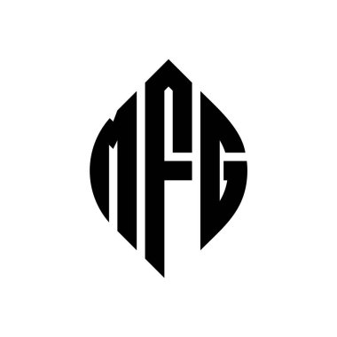 Çember ve elips şekilli MFG daire harf logosu tasarımı. Tipografik biçimli MFG elips harfleri. Üç baş harf daire şeklinde bir logo oluşturuyor. MFG Çember Amblemi Soyut Monogram Harf İşaretleyici Vektörü.