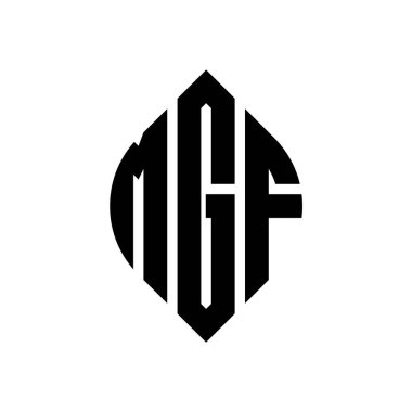 Çember ve elips şekilli MGF daire harf logosu tasarımı. Tipografik biçimli MGF elips harfleri. Üç baş harf daire şeklinde bir logo oluşturuyor. MGF Çember Amblemi Soyut Monogram Harf İşaretleyici Vektörü.