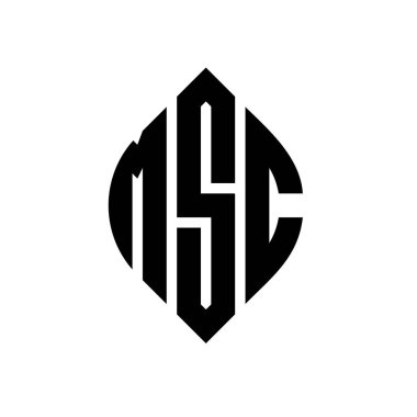 Çember ve elips şekilli MSC daire harf logosu tasarımı. Tipografik şekilli MSC elips harfleri. Üç baş harf daire şeklinde bir logo oluşturuyor. MSC Çember Amblemi Soyut Monogram Harf İşaretleyici Vektörü.