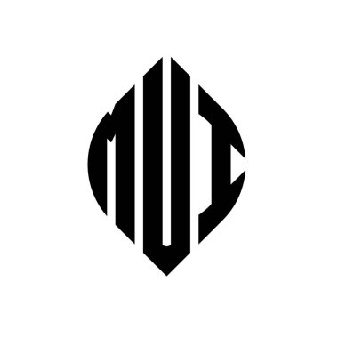 Çember ve elips şekilli MUI daire harf logosu tasarımı. MUI elips harfleri tipografik tarzda. Üç baş harf daire şeklinde bir logo oluşturuyor. MUI Çemberi Amblemi Soyut Monogram Harf İşaretleyici Vektörü.