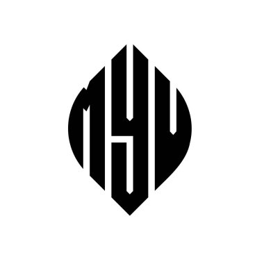 Çember ve elips şekilli MYV daire harf logosu tasarımı. Tipografik şekilli MYV elips harfleri. Üç baş harf daire şeklinde bir logo oluşturuyor. MYV Çember Amblemi Soyut Monogram Harf İşaretleyici Vektörü.