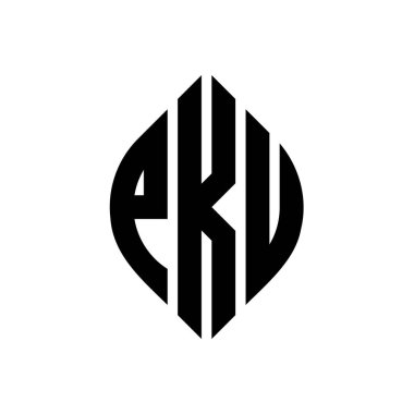 Çember ve elips şekilli PKU daire harf logosu tasarımı. Tipografik biçimli PKU elips harfleri. Üç baş harf daire şeklinde bir logo oluşturuyor. PKU Çember Amblemi Soyut Monogram Harf İşaretleyici Vektörü.