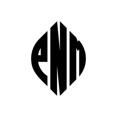Çember ve elips şekilli PNM daire harf logosu tasarımı. Tipografik biçimli PNM elips harfleri. Üç baş harf daire şeklinde bir logo oluşturuyor. PNM Çember Amblemi Soyut Monogram Harf İşaretleyici Vektörü.