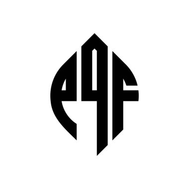 Çember ve elips şekilli PQF daire harf logosu tasarımı. Tipografik biçimli PQF elips harfleri. Üç baş harf daire şeklinde bir logo oluşturuyor. PQF Çember Amblemi Soyut Monogram Harf İşaretleyici Vektörü.