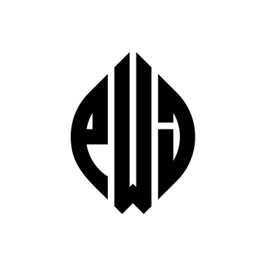 Çember ve elips şekilli PWJ daire harf logosu tasarımı. Tipografik biçimli PWJ elips harfleri. Üç baş harf daire şeklinde bir logo oluşturuyor. PWJ Çember Amblemi Soyut Monogram Harf İşaretleyici Vektörü.
