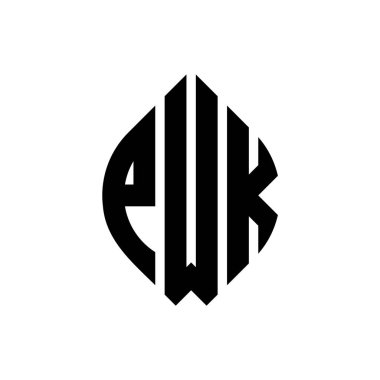 Çember ve elips şekilli PWK daire harf logosu tasarımı. Tipografik biçimli PWK elips harfleri. Üç baş harf daire şeklinde bir logo oluşturuyor. PWK Çemberi Amblemi Soyut Monogram Harf İşaretleyici Vektörü.