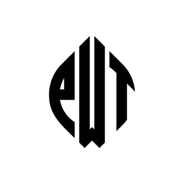 Çember ve elips şekilli PWT daire harf logosu tasarımı. Tipografik biçimli PWT elips harfleri. Üç baş harf daire şeklinde bir logo oluşturuyor. PWT Çember Amblemi Soyut Monogram Harf İşaretleyici Vektörü.