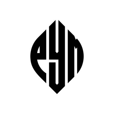 Çember ve elips şekilli PYM daire harf logosu tasarımı. Tipografik biçimli PYM elips harfleri. Üç baş harf daire şeklinde bir logo oluşturuyor. PYM Çember Amblemi Soyut Monogram Harf İşaretleyici Vektörü.