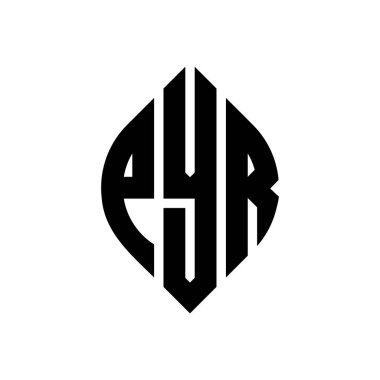 Çember ve elips şekilli PYR daire harf logosu tasarımı. Tipografik biçimli PYR elips harfleri. Üç baş harf daire şeklinde bir logo oluşturuyor. PYR Çember Amblemi Soyut Monogram Harf İşaretleyici Vektörü.