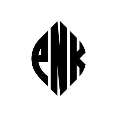 Çember ve elips şekilli PNK daire harf logosu tasarımı. Tipografik biçimli PNK elips harfleri. Üç baş harf daire şeklinde bir logo oluşturuyor. PNK Çember Amblemi Soyut Monogram Harf İşaretleyici Vektörü.