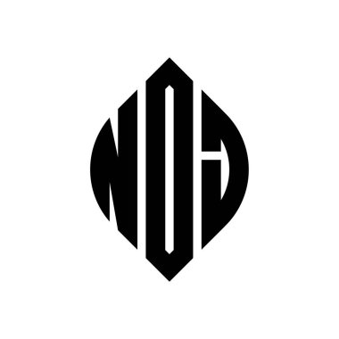 Daire ve elips şekilli NDJ yuvarlak harf logosu tasarımı. Tipografik tarzda NDJ elips harfleri. Üç baş harf daire şeklinde bir logo oluşturuyor. NDJ Çember Amblemi Soyut Monogram Harf İşaretleme Vektörü.