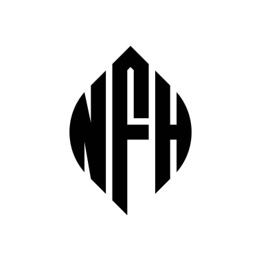 Çember ve elips şekilli NFH daire harf logosu tasarımı. Tipografik biçimli NFH elips harfleri. Üç baş harf daire şeklinde bir logo oluşturuyor. NFH Çemberi Amblemi Soyut Monogram Harf İşaretleyici Vektörü.