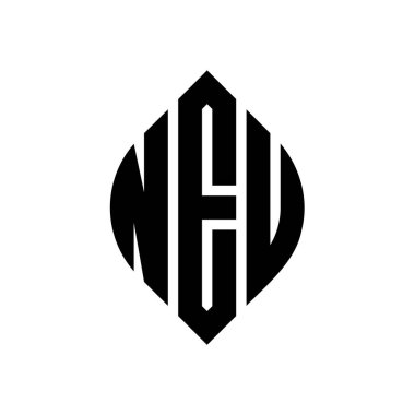Çember ve elips şekilli NEU yuvarlak harf logosu tasarımı. Tipografik tarzda NEU elips harfleri. Üç baş harf daire şeklinde bir logo oluşturuyor. NEU Çember Amblemi Soyut Monogram Harf İşaretleme Vektörü.