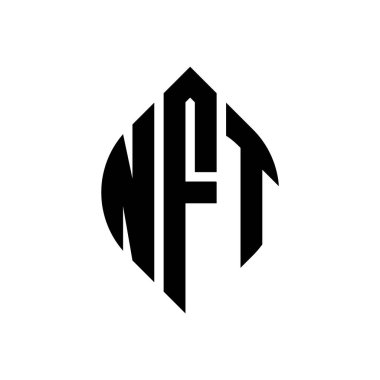Çember ve elips şekilli NFT daire harf logosu tasarımı. Tipografik biçimli NFT elips harfleri. Üç baş harf daire şeklinde bir logo oluşturuyor. NFT Çemberi Amblemi Soyut Monogram Harf İşaretleyici Vektörü.
