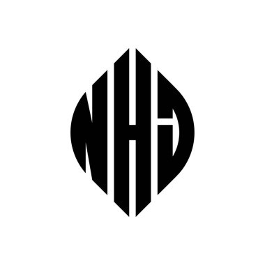 Çember ve elips şekilli NHJ daire harf logosu tasarımı. Tipografik tarzda NHJ elips harfleri. Üç baş harf daire şeklinde bir logo oluşturuyor. NHJ Çember Amblemi Soyut Monogram Harf İşaretleyici Vektörü.
