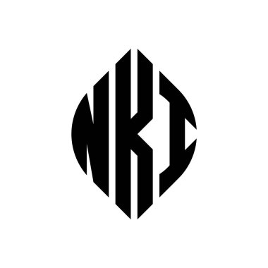 Çember ve elips şekilli NKI daire harf logosu tasarımı. Typographic tarzında NKI elips harfleri. Üç baş harf daire şeklinde bir logo oluşturuyor. NKI Çember Amblemi Soyut Monogram Harf İşaretleyici Vektörü.