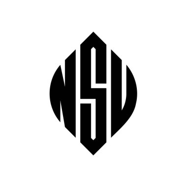 Çember ve elips şekilli NSU daire harf logosu tasarımı. NSU elips harfleri tipografik tarzda. Üç baş harf daire şeklinde bir logo oluşturuyor. NSU Çember Amblemi Soyut Monogram Harf İşaretleyici Vektörü.