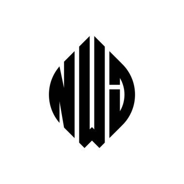 Çember ve elips şekilli NWJ daire harf logosu tasarımı. Tipografik tarzda NWJ elips harfleri. Üç baş harf daire şeklinde bir logo oluşturuyor. NWJ Çember Amblemi Soyut Monogram Harf İşaretleyici Vektörü.