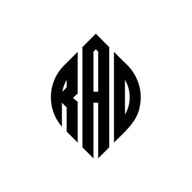 Çember ve elips şekilli RAO daire harf logosu tasarımı. Typographic tarzında RAO elips harfleri. Üç baş harf daire şeklinde bir logo oluşturuyor. RAO Çemberi Amblemi Soyut Monogram Harf İşaretleme Vektörü.