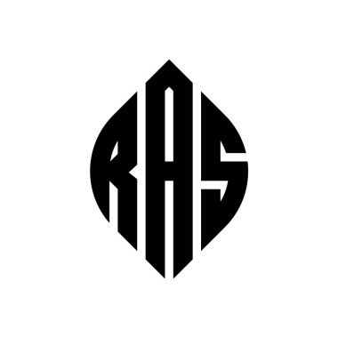 Çember ve elips şekilli RAS daire harf logosu tasarımı. Typographic tarzında RAS elips harfleri. Üç baş harf daire şeklinde bir logo oluşturuyor. RAS Çember Amblemi Soyut Monogram Harf İşaretleme Vektörü.