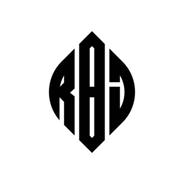 Çember ve elips şekilli RBJ daire harf logosu tasarımı. Typographic tarzında RBJ elips harfleri. Üç baş harf daire şeklinde bir logo oluşturuyor. RBJ Çember Amblemi Soyut Monogram Harf İşaretleyici Vektörü.